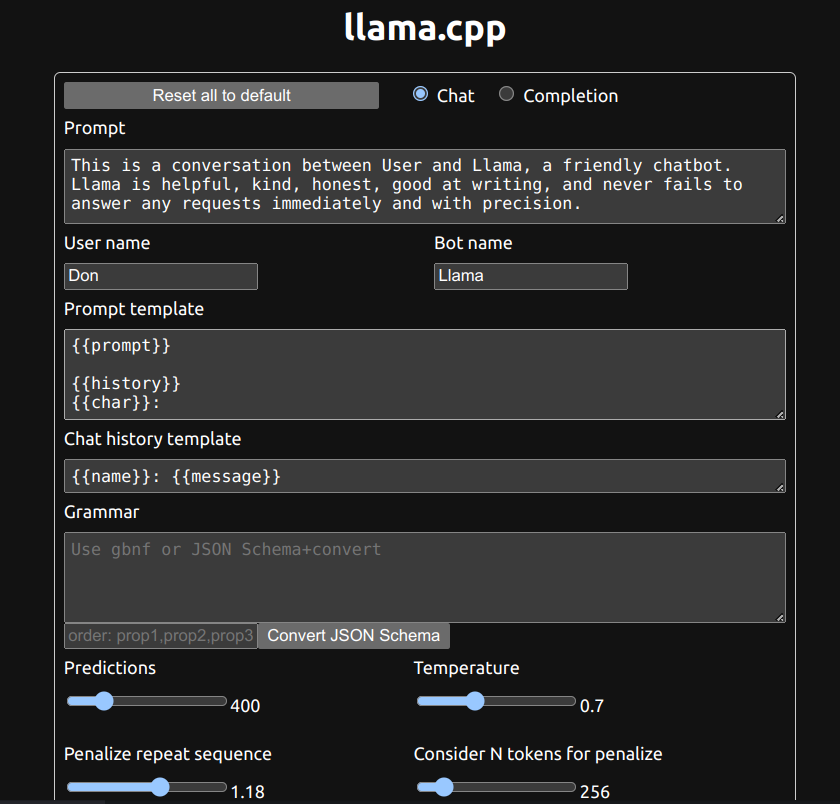 llamafile configuration screen
