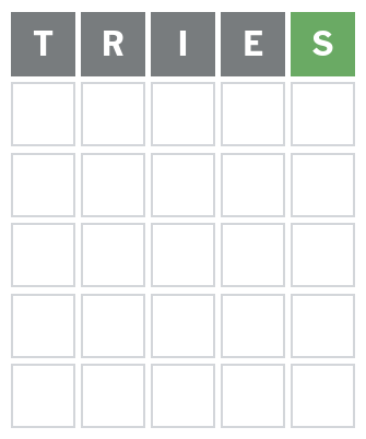 Screenshot of Wordle game with the first word: TRIES. The S block is green and all other letter blocks are grey.