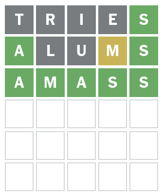 Screenshot of Wordle game with the first word: TRIES and the second word: ALUMS, and the correct word in all green blocks: AMASS