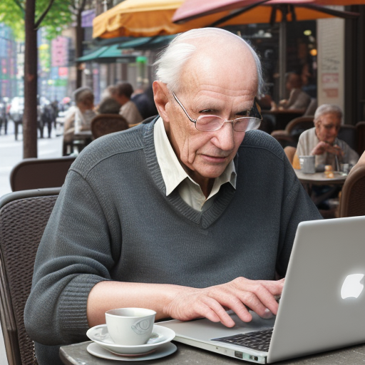 DiffusionBee generated image of a seventy-one-year-old man sitting at a sidewalk cafe in New York City creating AI images with his laptop computer
