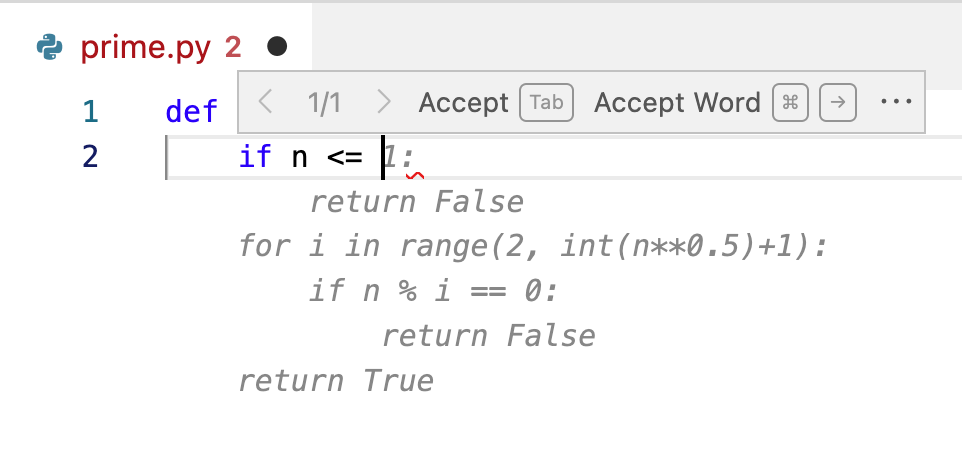 Figure 4: Accepting part of a line in Copilot.