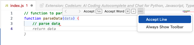 Figure 5: Accepting a line of the suggestion in Codeium.