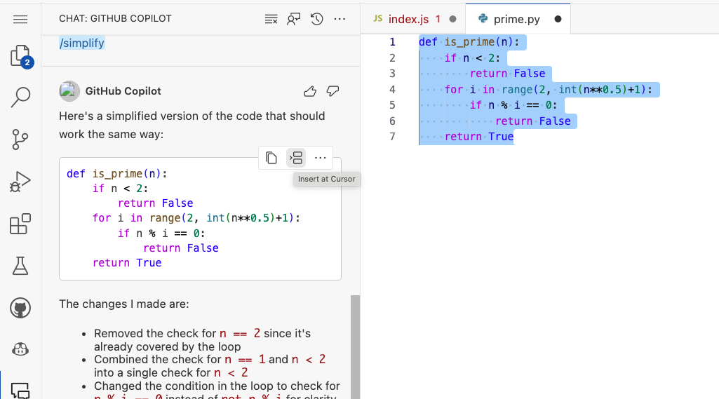 Figure 12: Copilot chat interface showing ability to insert chat output into file.