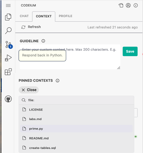 Figure 14: Codeium's Context tab.