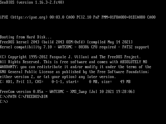 Screenshot of the FreeDOS boot sequence.