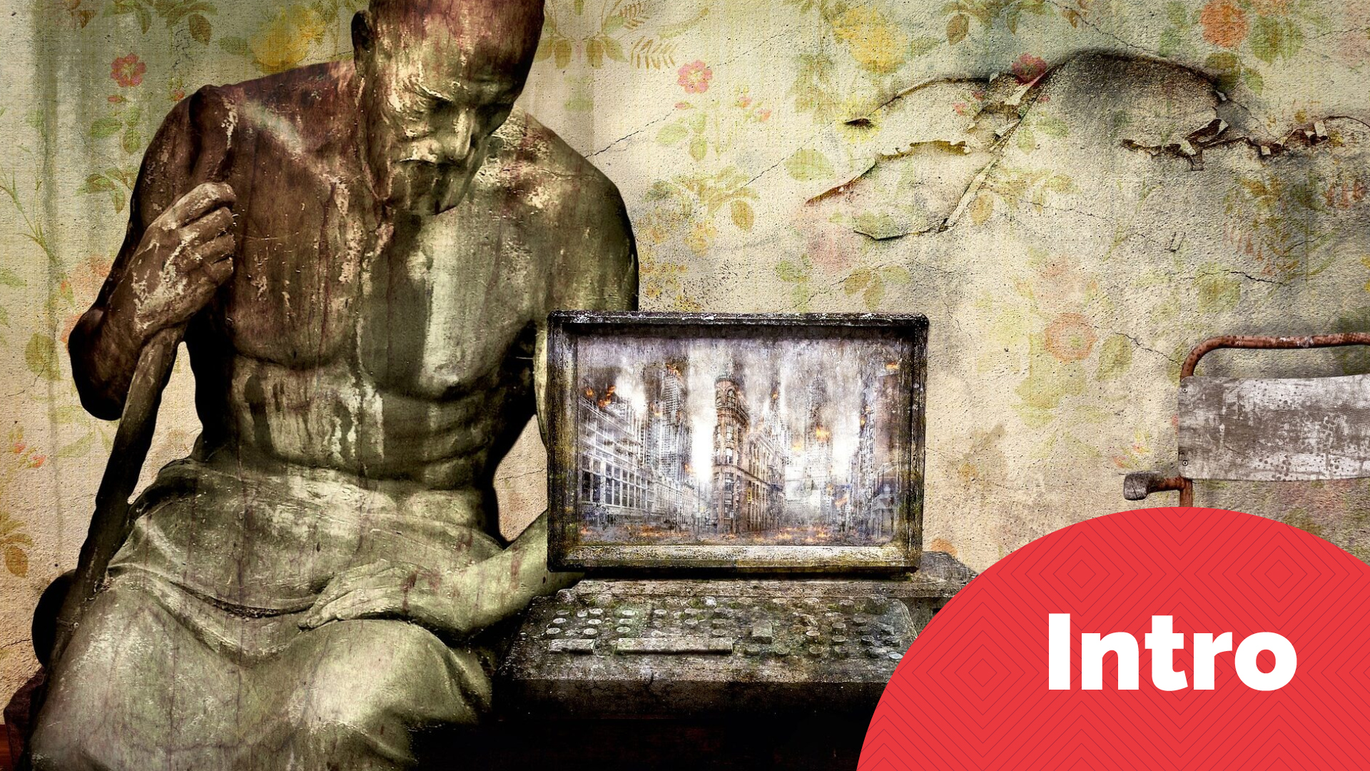 Man sitting on a bench with a laptop and they look like statues - intro to series