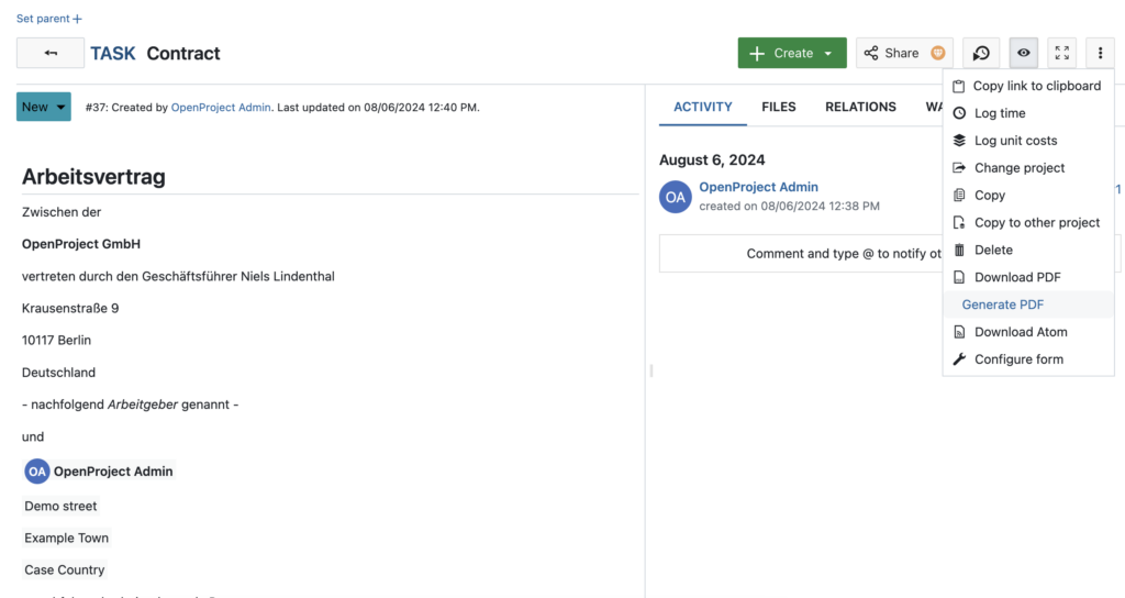 OpenProject contract example screenshot