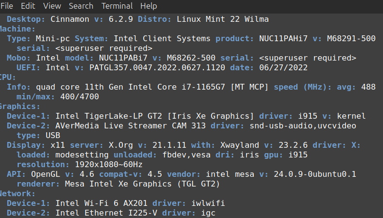 inxi command version info screenshot