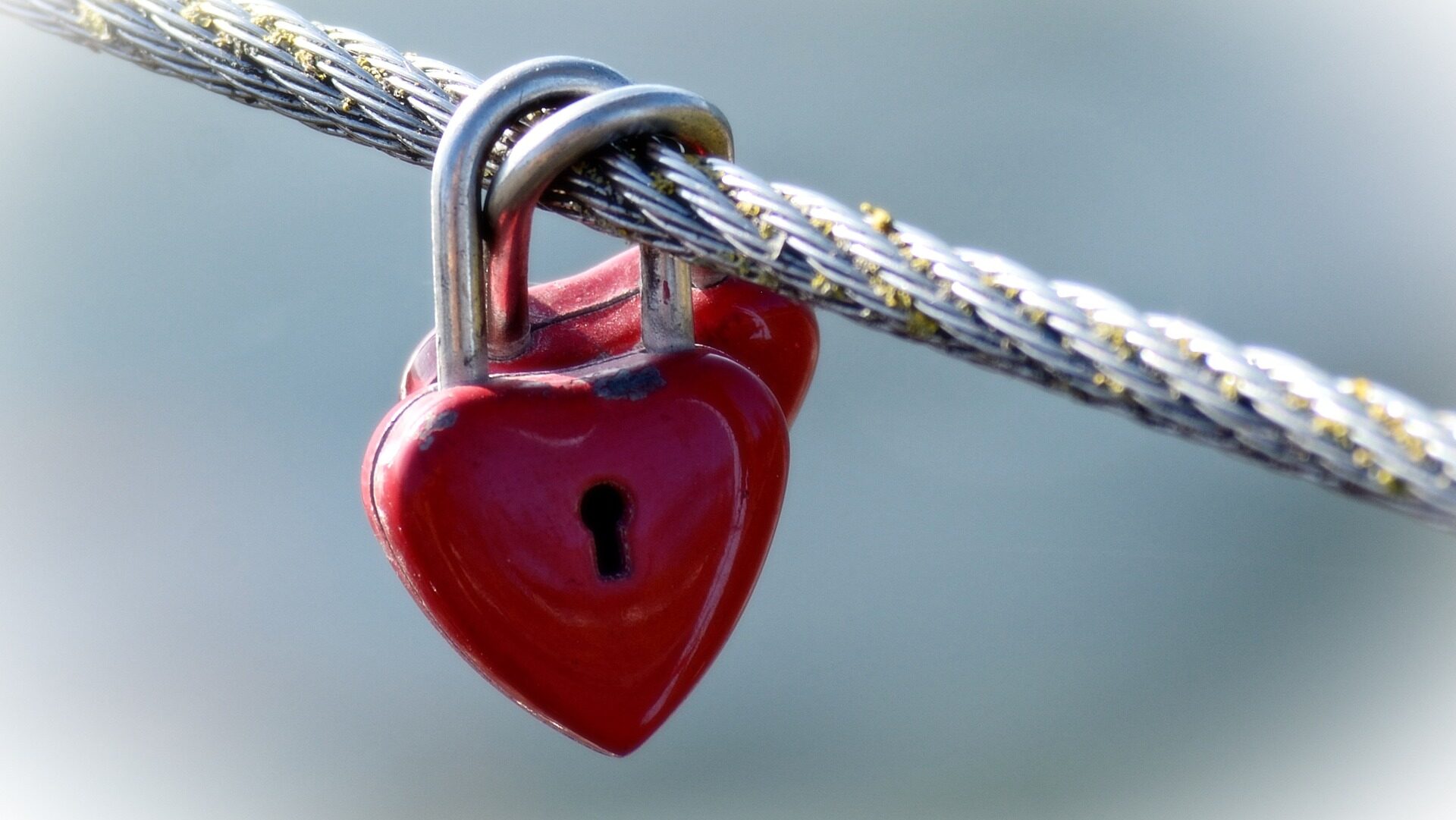 Two heart-shaped locks on a cable