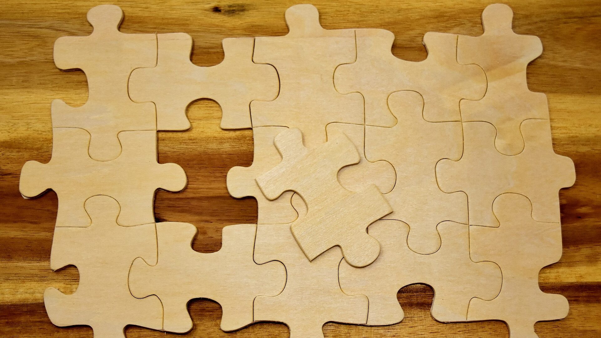 Puzzle pieces on a table.