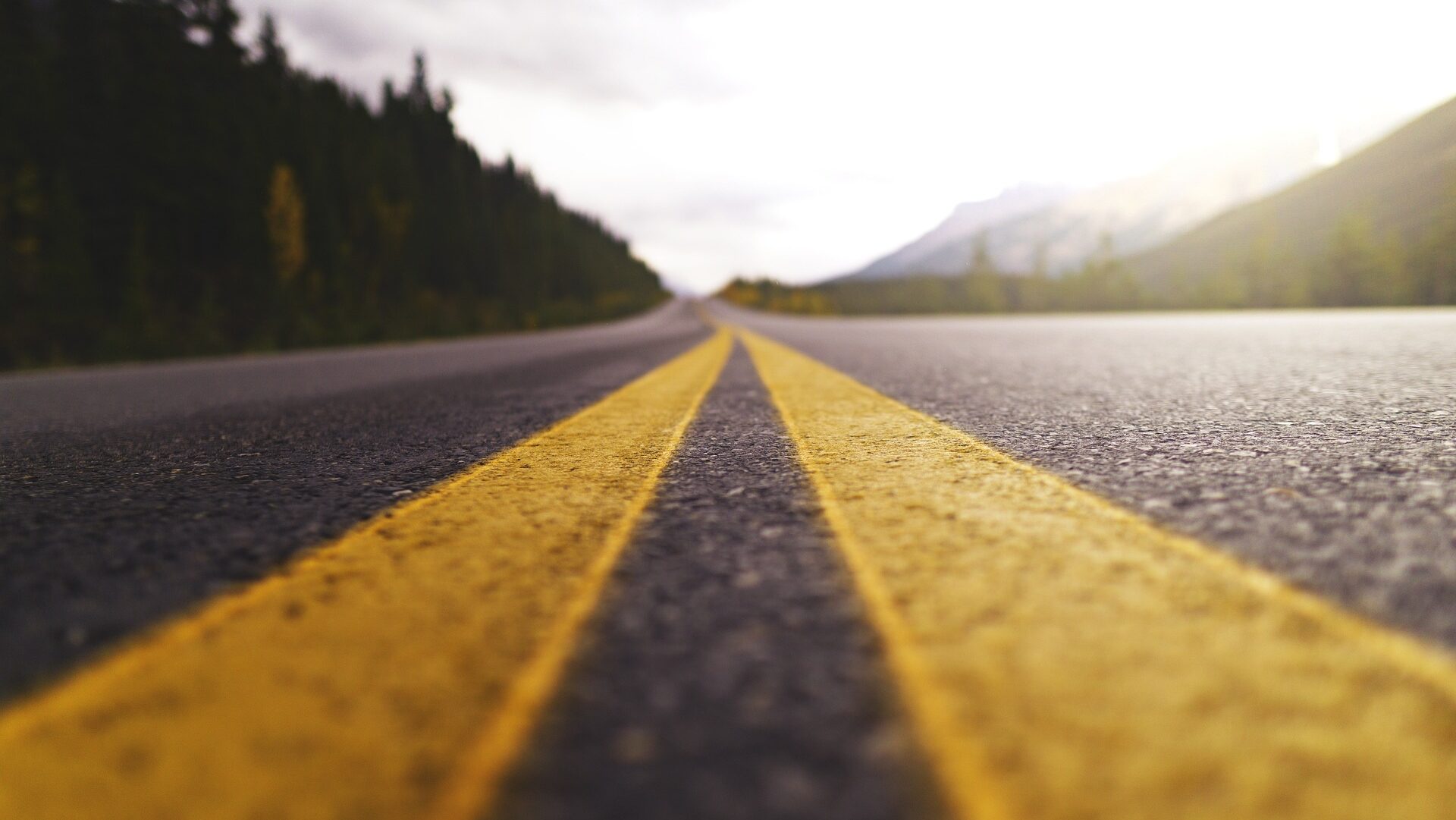 Yellow line on an asphalt road with mountains and trees.