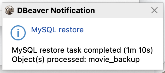 DBeaver - recover a database backup screenshot