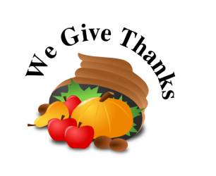 Cornucopia clip art with "We give thanks" text added