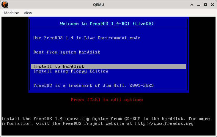 Installing FreeDOS 1.4 RC1