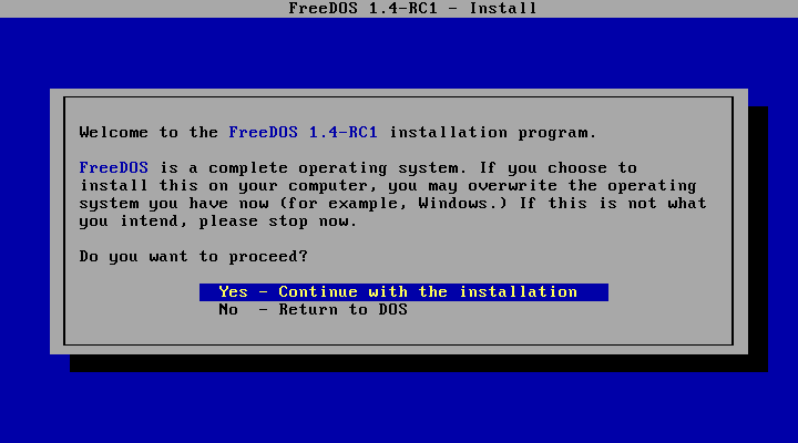 Installing FreeDOS 1.4 RC1