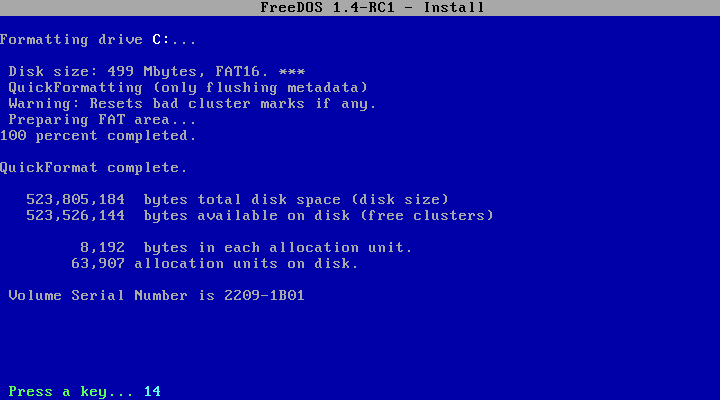 Installing FreeDOS 1.4 RC1